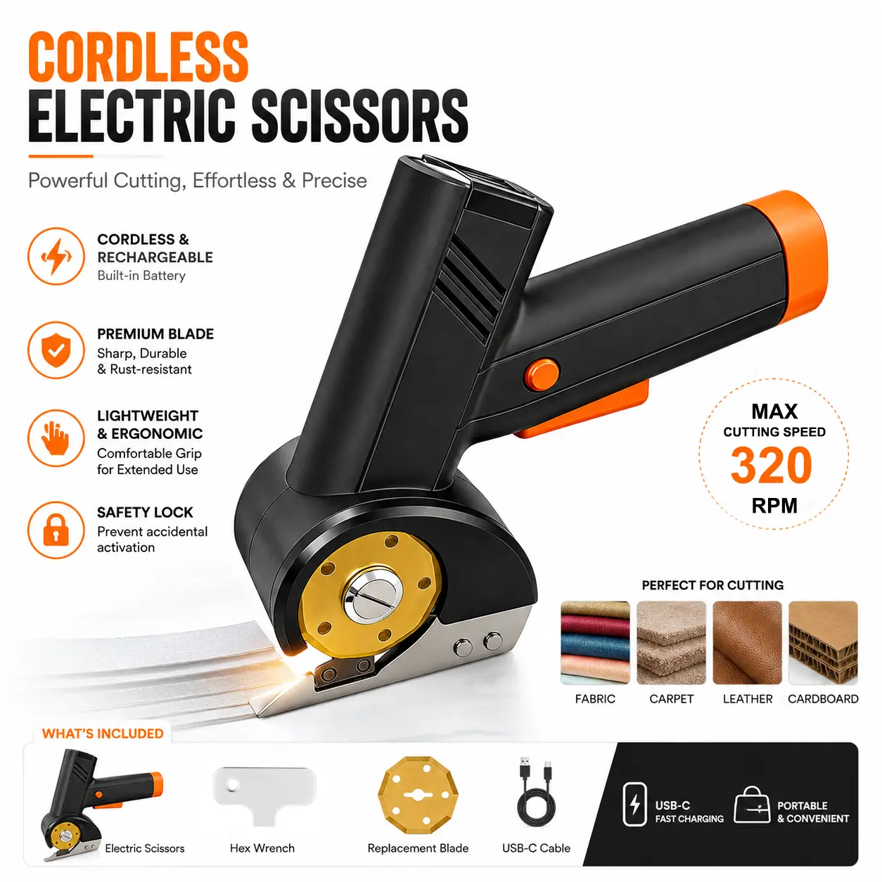【Summer Sale】Cordless Electric Scissors, Compact USB-C Powered Rechargeable Cutter with LED Display, LED Light, 4-Speed Settings, Safety Lock, for Cardboard Crafts, Upholstery, Packaging, DIY Projects, Fabric