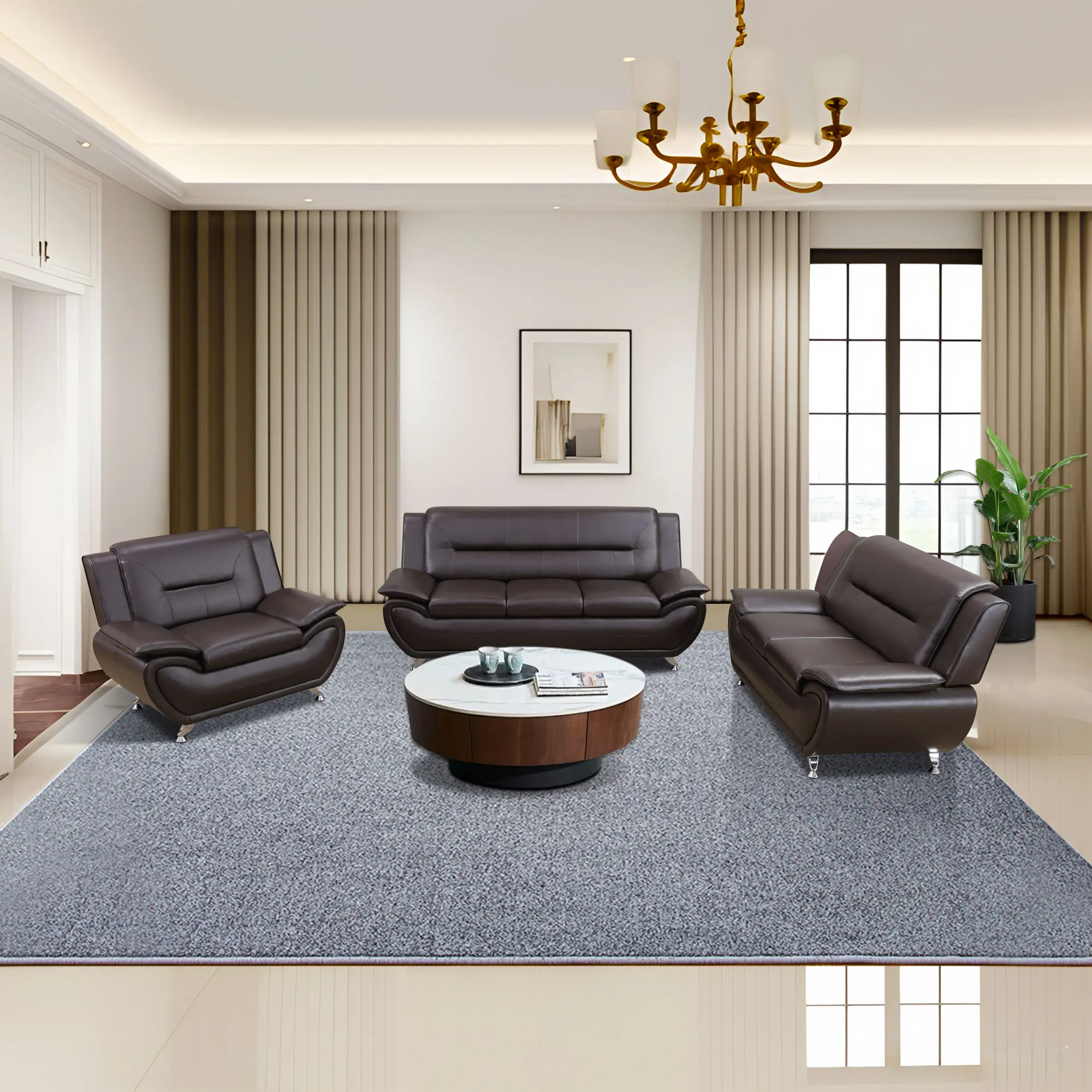 Indoor Furniture 3-Piece Brown PU Leather Modular Sofa Set - Modern Configurable Chic Living Room Furniture, Comfortable Multi-Seat, Flexible Layout, Curved Lounging Floor Sofa with Cushion