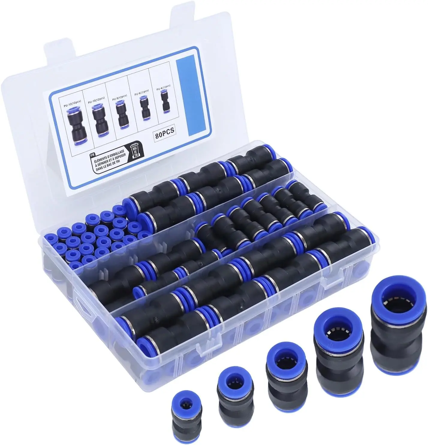 80 Piece Quick Connect Air Hose Fittings Kit, Universal Leak Resistant Push To Connect Pipe Connectors For 5/32, 1/4, 5/16, 3/8 And 1/2 Inch Tubing, Easy Installation