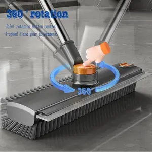 3-in-1 Floor Scrub Brush with Long Handle | Squeegee Broom with Hair Clip for Shower, Tile, Concrete, Deck & Patio - Grey