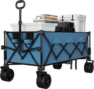 Blue Heavy Duty Utility Beach Wagon Cart, Collapsible Wagon Beach with All Terrain Wheels, Extra Long WagonCart Foldable with Cup Holders for Sand