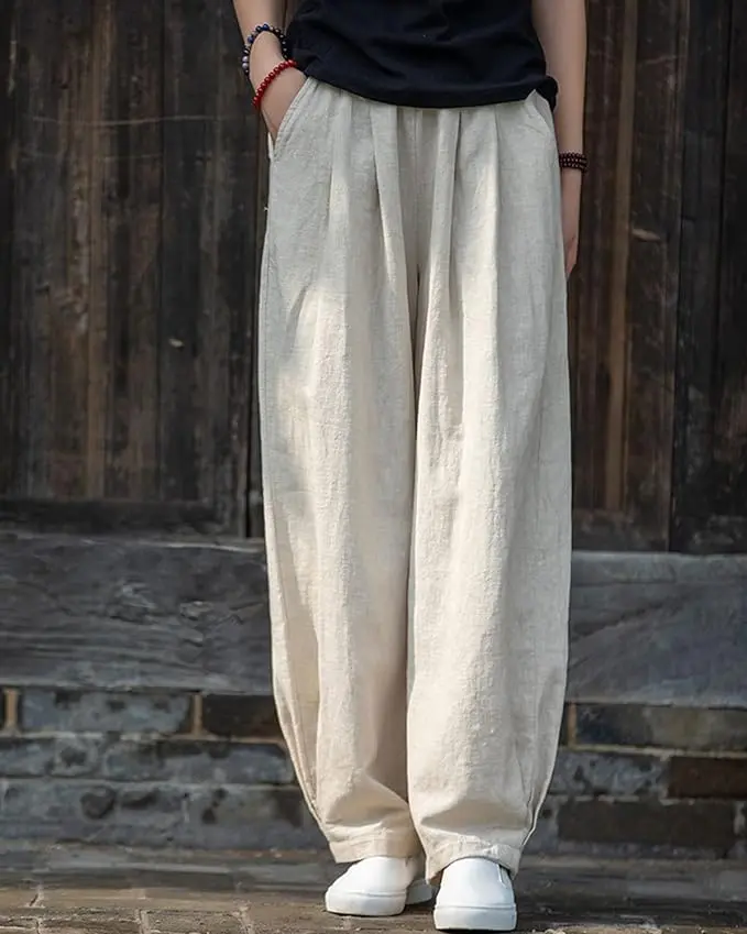 IXIMO Women's Linen Pants Casual Loose Fit Wide Leg Front Pleated Trousers Beige X-Large