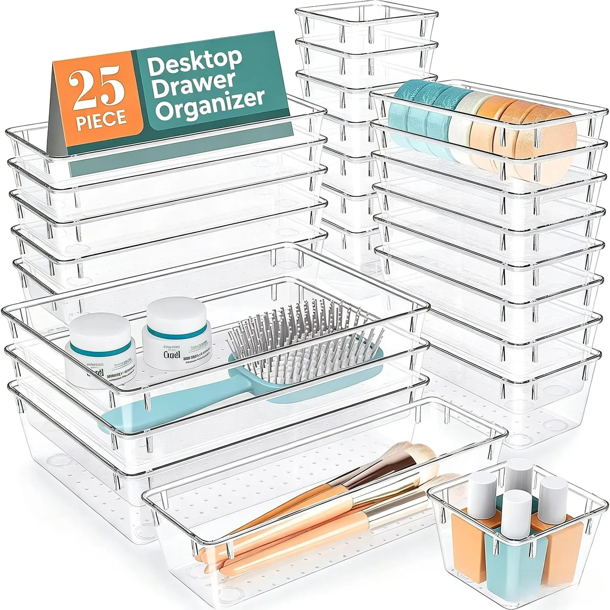 25pcs Multi-Size Rectangular Plastic Acrylic Desktop Storage Boxes - Silicone-Enhanced Home Organizers for Desk, Kitchen Drawer Storage Organization, Beauty Supplies & Junk Items