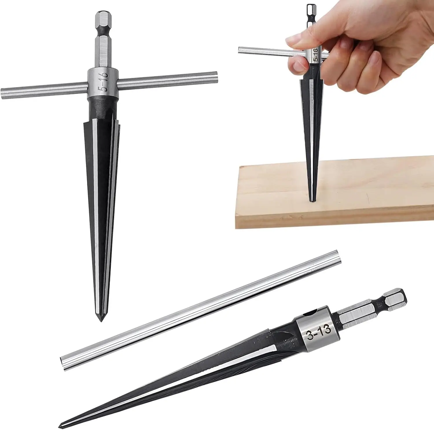 2PCS Bridge Pin Hole Reamer, 3-13mm(1/8''-1/2'') & 5-16mm(½-5/8") T Handle Taper Reamer Set, 6 Fluted Chamfer Reaming Tool, Bridge Pin Hole Handle Tapered Reamers(Black Silver)