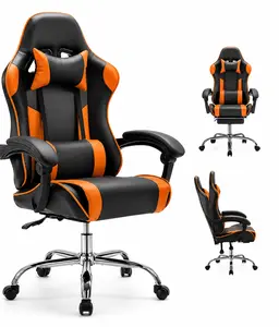 Gaming Office Desk Chair withHeadrest for Adults, PU Leather Video Computer Chair with Linkage Armrests, Black Orange