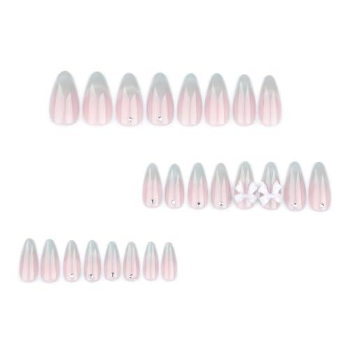 Almond Press on Cat Eyes French Tip Gradient Pink Acrylic Nails with Dot Diamond and 3D Bow Designs - 24pcs Glossy Full Cover Glue on False Nails for Women