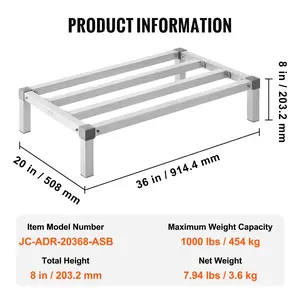 VEVOR Aluminum Dunnage Rack, 36x 20 Commercial Food Floor Rack, 8 Off the Floor, 1000 lbs Capacity All-Welded Aluminum Storage Rack, for Storage in Restaurants, Kitchens, Garages and Vehicles