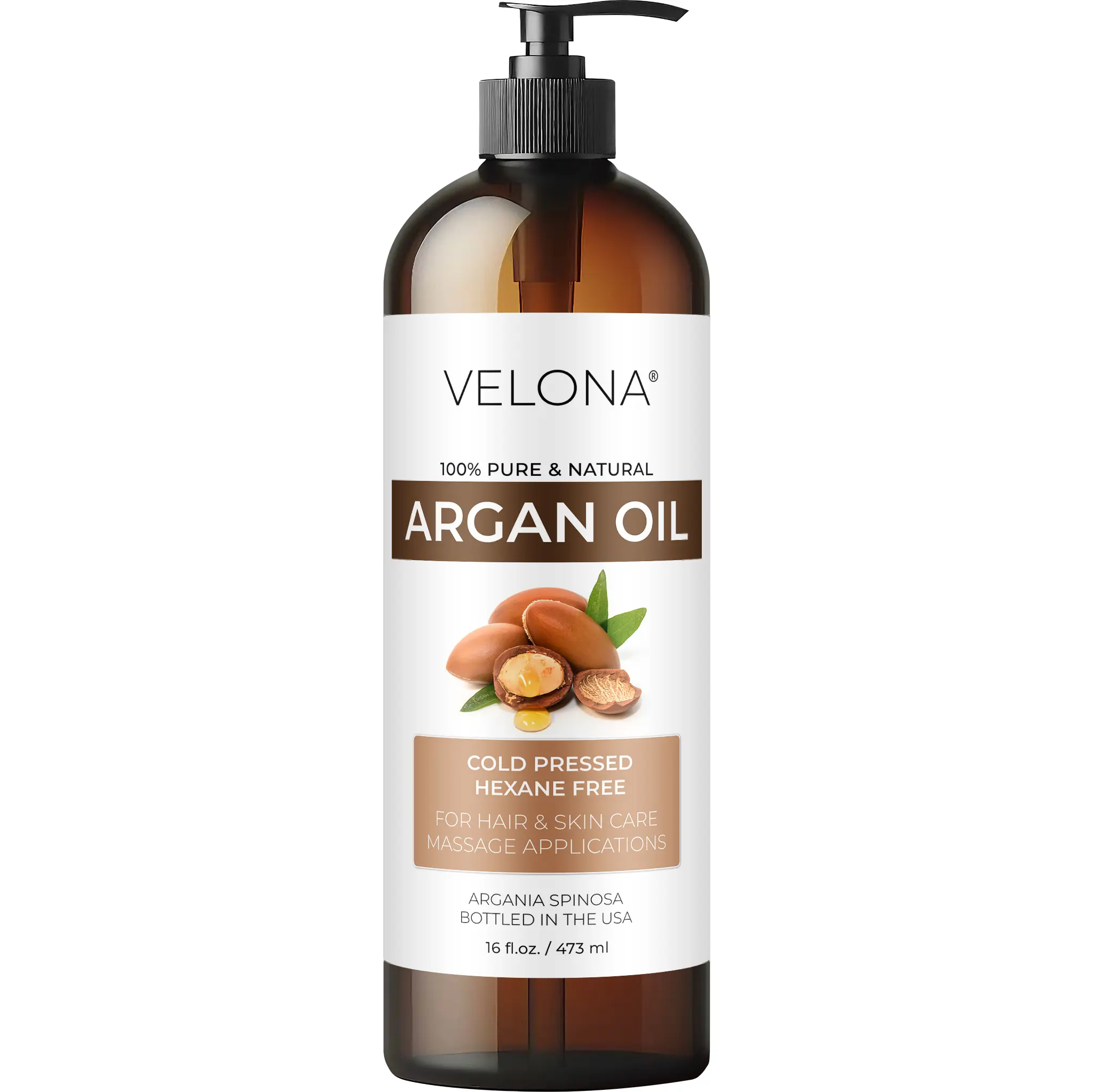 velona Argan Oil - 16 Fl Oz (With Pump) | 100% Pure and Natural | Morocco Oil | Stimulate Hair Growth, Skin, Body and Face Care | Nails Protector | Cold Pressed | Cap Kit