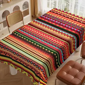 Colorful Geometric Stripe Tablecloth, Mediterranean Moroccan Style, Polyester Fabric, Rectangular Table Cover for Home Decor, Kitchen, Outdoor Garden, Holiday Parties
