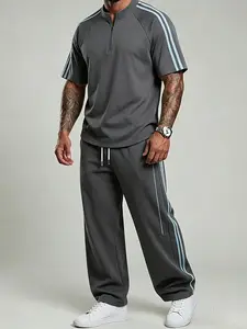 Men’s set featuring panel construction with side stripe design; casual loose short-sleeve top and long pants with an elastic waistband, suitable for gym workouts and everyday wear—casual sportswear.