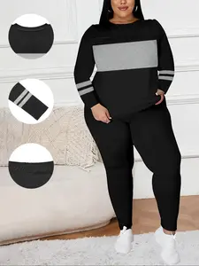 Women's Plus Size Patchwork Two-Piece Set, Long Sleeve Top & Pants, Casual Fall Winter, Oversized Fit, Travel Sleepwear, Soft Lounge Sets