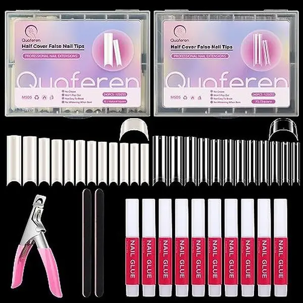 480PCS Extra Long C Curve Nail Tips and Glue, 2 Packs Natural and Clear Acrylic for Nails Professional Set, 12 Sizes Artificial Straight Square French False Nail Tips