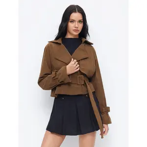 Cider Corduroy Button Long Sleeve Cropped Jacket With Buckle Belt