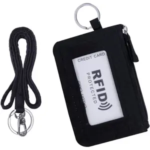 Zip ID Case Card Holder for Women, Signature Cotton Coin Purse with Id Window, RFID Blocking Change Pouch with Key Chain (BLACK)