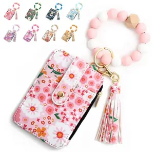 Women's Silicone Beaded Keychain Wristlet Wallet, Aesthetic Credit Card Holder with Card Slots & Floral Prints, Key Ring Bracelet Organizer Protector, Gifts for Adults Purses (Free Gift & Shipping, Mother's Day Idea)#SummerVibes, Card Organizer