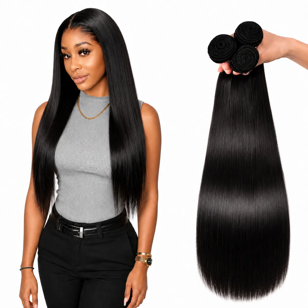Brazilian Virgin Human Hair Bundles Natural Color, Soft Silky Weave Hair Extensions for Sew In