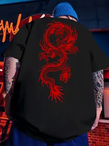 Men's Big & Tall Red Dragon Print T-Shirt - Casual Round Neck Short Sleeve Summer Tee with Chinese Dragon & Cloud Design, Breathable Fabric for Asian-Inspired Outfits (Cultural Apparel), PLUS SIZE