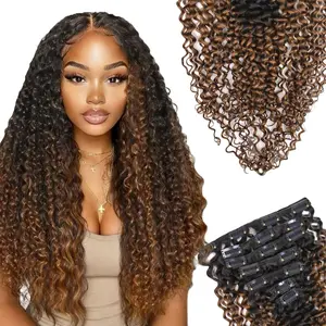 Ombre Kinky Curly Clip In Extensions 3C 4A 100% Brazilian Remy Human Hair 7Pcs Chocolate Brown Invisible Scalp Friendly 3.52oz for Natural Look