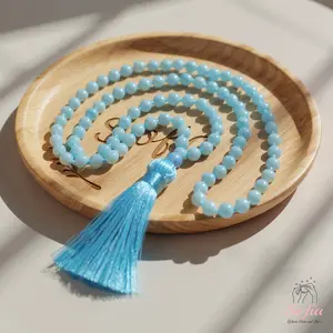 Aquamarine Crystal Mala Bead Necklace - Blue Aquamarine Knotted Tassel Necklace - 108 Mala Beads Tassel Rosary - Prayer Necklace
