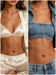 2pcs Body Chain Jewelry for Women, Sexy Layered V Chain Design Bikini Bra Beach Accessory, Adjustable Belly Waist Chain, Beachwear Essentials