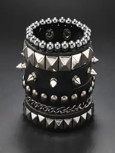 Gothic Style Bracelet Set, Silver Color Alloy Skull & Spikes, Multi-Layer Wide Faux Leather, Birthday Gift for Boyfriend, Father's Day Present, Punk Style Jewelry