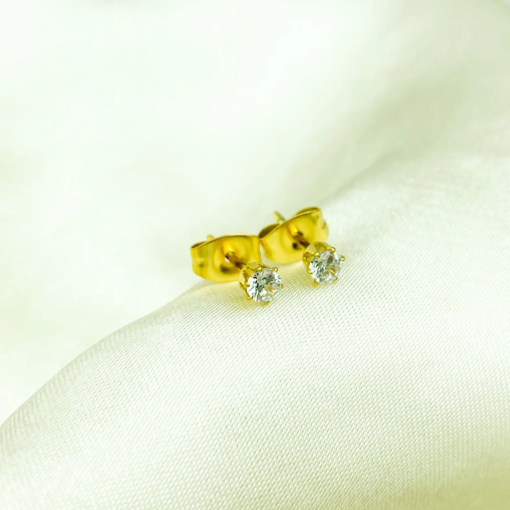 Serenity CZ Studs (3mm CZ Stud, Stainless Steel, Waterproof, Tarnish-Resistant, Hypoallergenic, gold-plated)