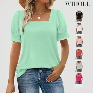 WIHOLL Tops for Women Summer Casual Ruffle Trim Sleeve Square Neck T Shirts