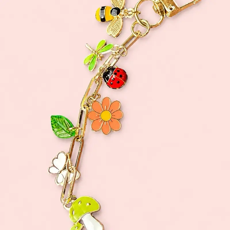 Cottagecore Charm Chain with Mushroom Daisy Bee Butterfly Dragonfly Ladybug Charmsfor iPad Kindle Bags Oxidized Brass 6 Inches Total Length Whimsical Bag Charm