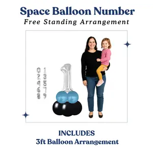 Space Balloon Number Free Standing Arrangement with Silver Mylar Balloon Topper Customizable Numbers 0-9 Easy Setup No Helium Required Perfect for Birthdays and Other Celebrations