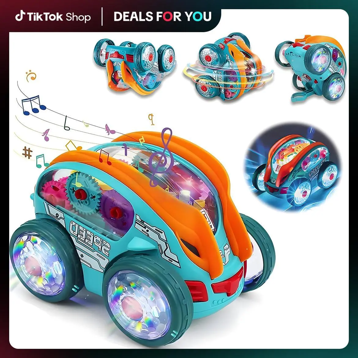 Glow Race Car Bump and Go Toys with LED Moving Gears Light Up STEM Sensory Educational Toys for Kids Boys Girls Birthday Christmas Gift