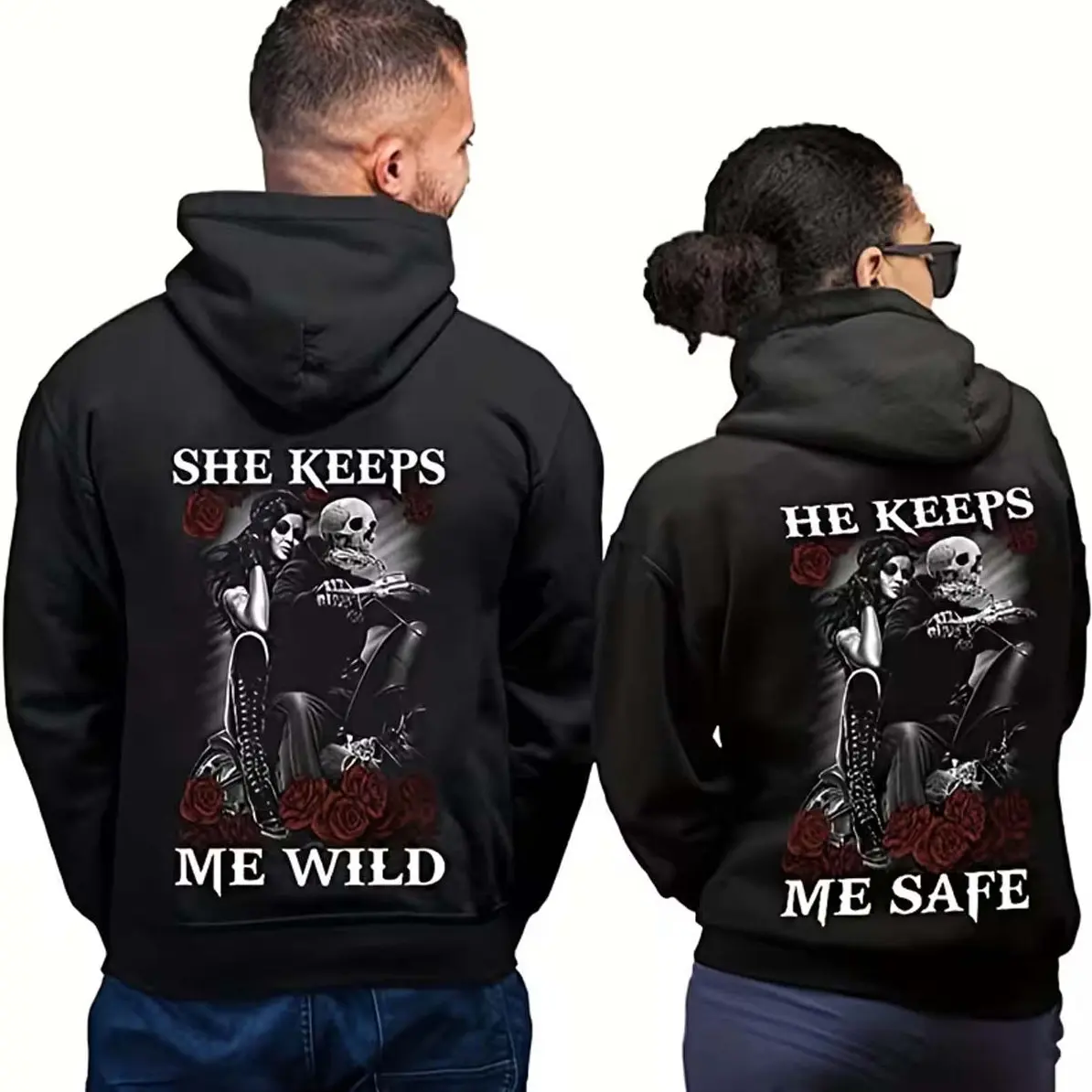 Couple'S Matching Gothic Motorcycle Skull & Rose Print Graphic Hoodie Casual Streetwear Fleece Fabric Pullover Hooded Sweatshirt Trendy Halloween Tops Collection for Women for Men, Perfect Gift