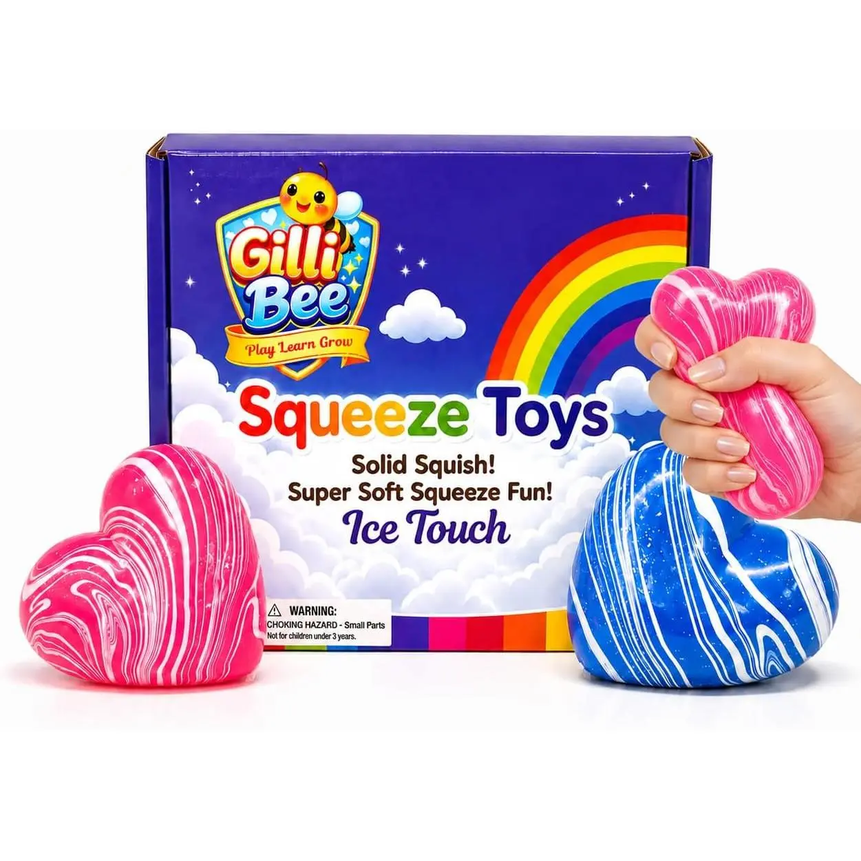 2-Color Heart-Shaped Squishy Toy | Fidget Toy for Stress Relief & Anxiety | Slow Rise Stress Ball for Kids & Adults | Durable TPR Gel Filled Sensory Toy (2.36in Swirl Blue & Pink)