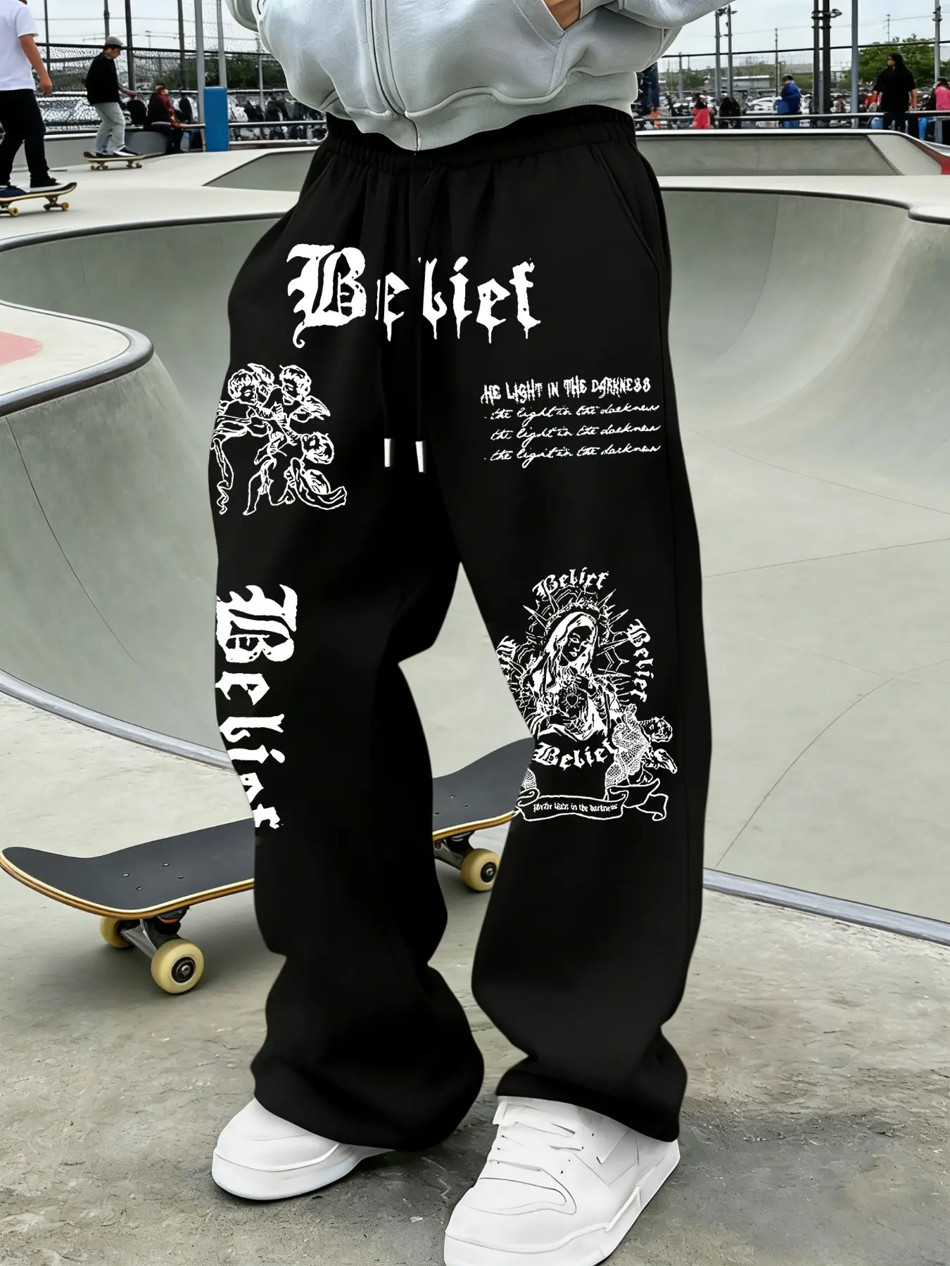 Unisex Belief Gothic Art Oversized Sweatpants Bottoms – Black & White Geometric Print, Casual, Casual Fashion Pants, Punk Skate Streetwear Aesthetic, Soft Fleece Fabric, Relaxed Baggy Fit, Durable Print, Ideal for Skate Parks/Daily Wear