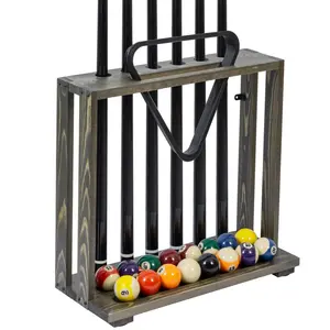 Freestanding Gray Wood Pool Cue Stick Holder, Cue Rack w/ Ball Storage and Rack Slot