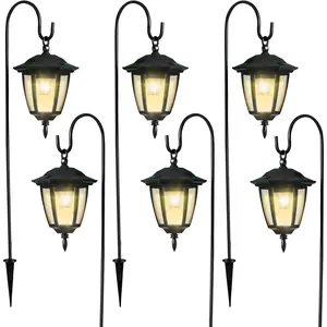 6 Pack Solar Hanging Lights Outdoor, Solar Powered Garden Decorative Lanterns with 6 x 38 Inch Shepherd Hooks, Waterproof Landscape Lighting for Lawn Patio Yard Pathway Driveway, Warm White