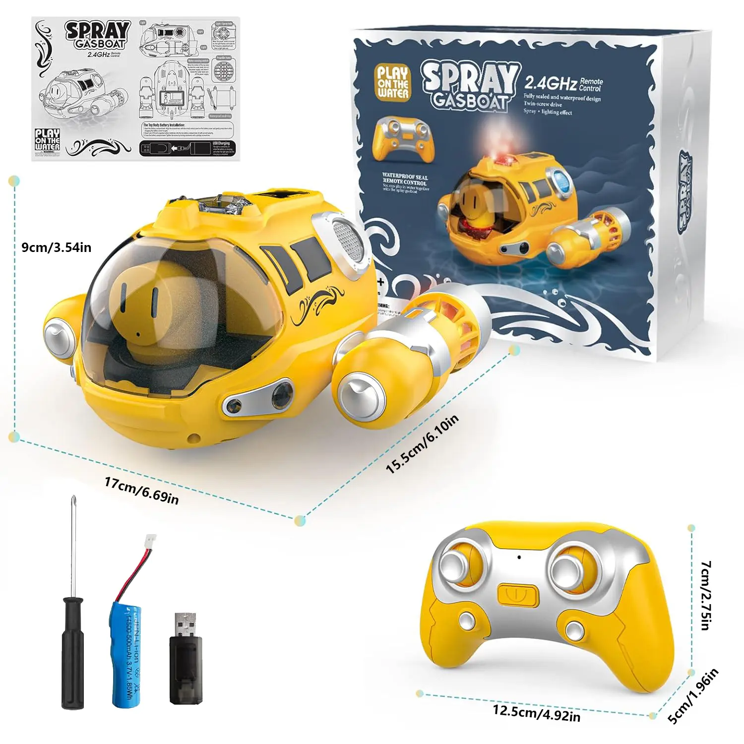 2.4GHz RC Spray Gasboat Toy – One-Key Spray Toggle & Cool Lights with Dual Propeller Drive, Auto-Demo Feature, Red/Yellow Design, Perfect for Aquatic Adventures, Best for Holiday and Birthday Gifts