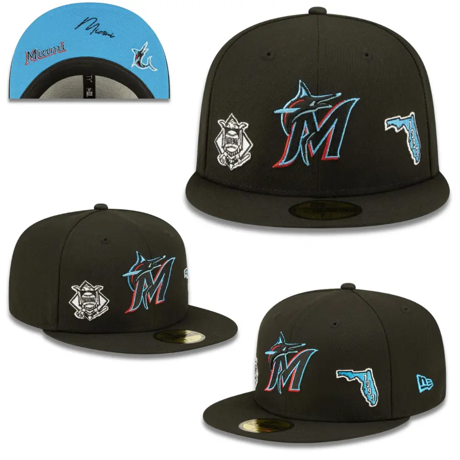 Black New Era 59FIFTY Miami Marlins Fitted Baseball Cap – Flat Bill Hat with Multicolor Marlins Logo, Florida 1993 Side Patch, Light Blue Undervisor & MLB Streetwear Headwear