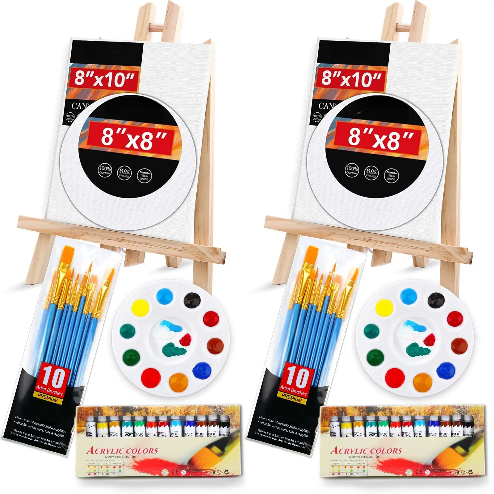 Acrylic Paint Canvas Set,52 Piece Professional Painting Supplies Kit with 2 Wood Easel,2 * 12Colors,2 * 10 Brushes,Circular Canvas Etc,Premium Paint Kit for Kids,Students, Artists and Beginner, Painting Kit, 52 Pieces