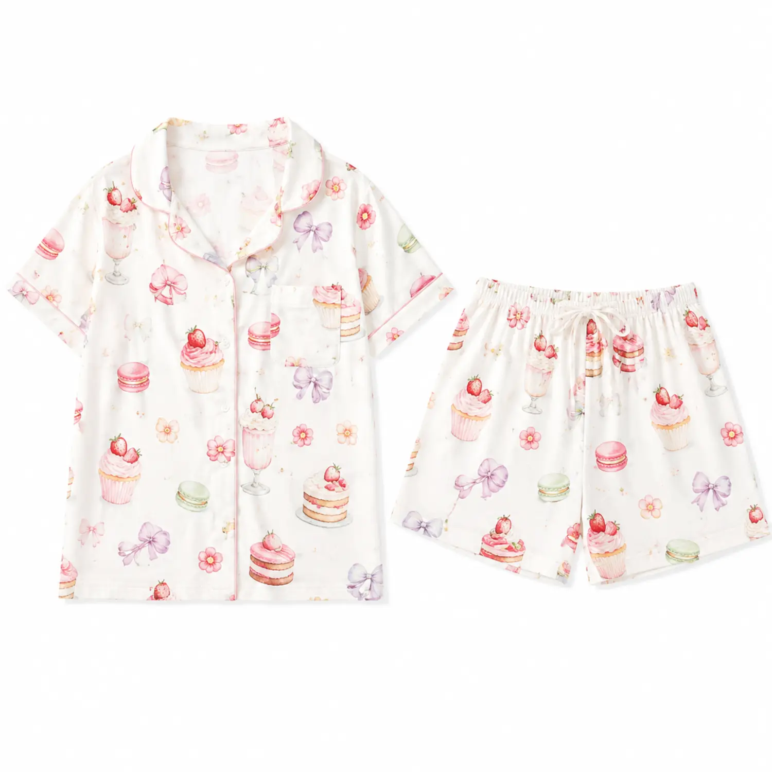 Short-Sleeve Button-Down Pajama Set with Dessert Cupcake Macaron and Strawberry Print, Collared Sleep Top and Elastic-Waist Shorts for Comfortable Nights