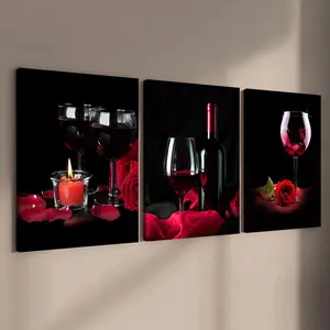 Wine Themed Canvas Painting, 3 Counts/set Romantic Wine Glass Pattern Vintage Wall Art, Wall Decor for Home Living Room Bedroom Office, Ornaments