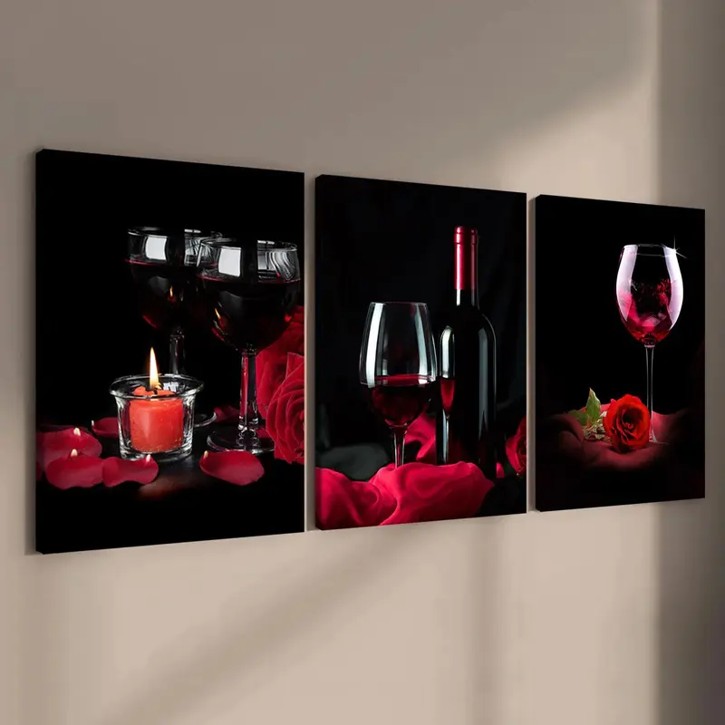 Wine Themed Canvas Painting, 3 Counts/set Romantic Wine Glass Pattern Vintage Design Wall Art, Art Wall Decoration, Wall Decor for Home Living Room Bedroom Office, Ornaments, Living Room Decorations, Decoration Items
