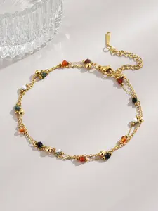 Women's Stainless Steel Anklet Bracelet, Multicolor Round Stone Design, Summer Beach Footwear Accessory, Durable & Stylish, Fashionable Jewelry Accessories