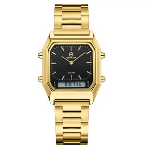 CAINUOS Unisex Vintage Dual Display Watch C-8002, Classic, 30M Waterproof, Gold/Black Dial, Steel Strap anniversary gift quartz grace lux elegant design