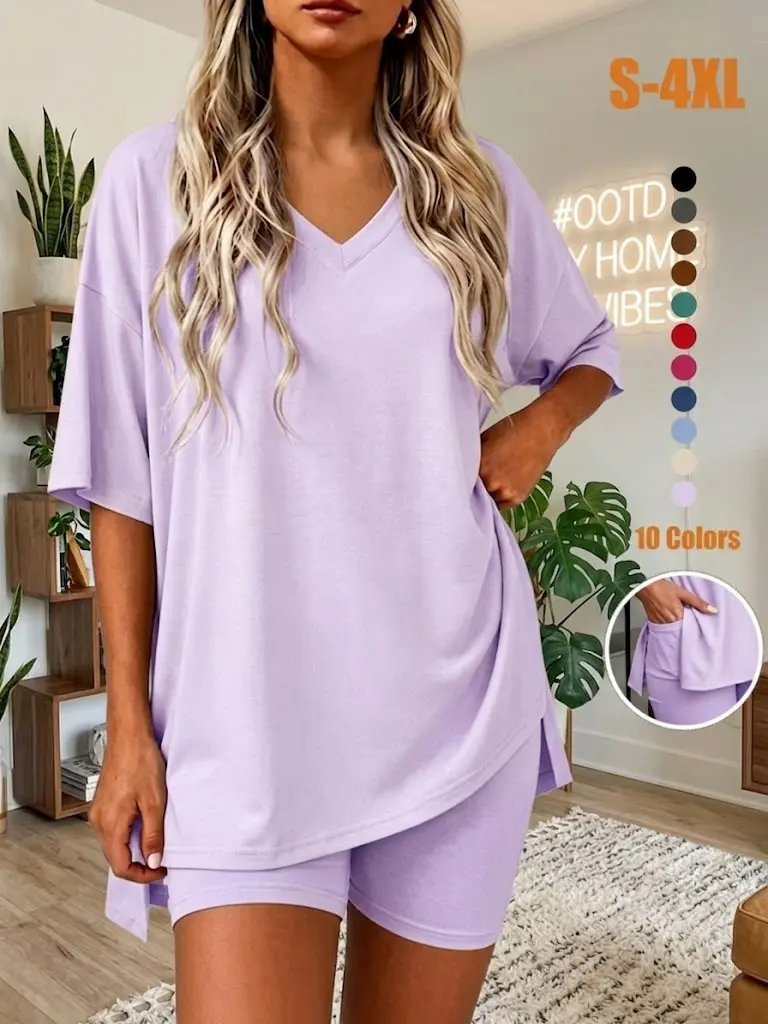 Women 2 Piece Set V Neck Oversized Shirt Biker Shorts Outfit