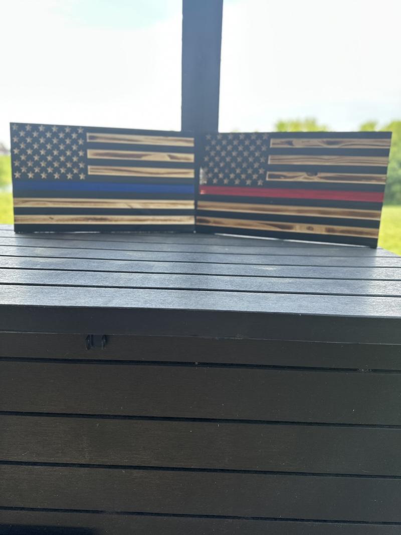 Custom engraved wooden American flags for police, firefighters, veterans or active duty military make great decor and hangable.