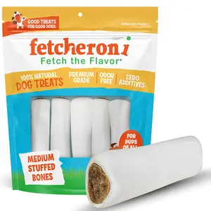 Fetcheroni Stuffed Dog Bones 3-4 Inch Long - Bacon & Cheese, Peanut Butter, Bully Stick & Variety Bag - 5 Pack - Natural Stuffed Dental Treats for Dogs with Limited Ingredients