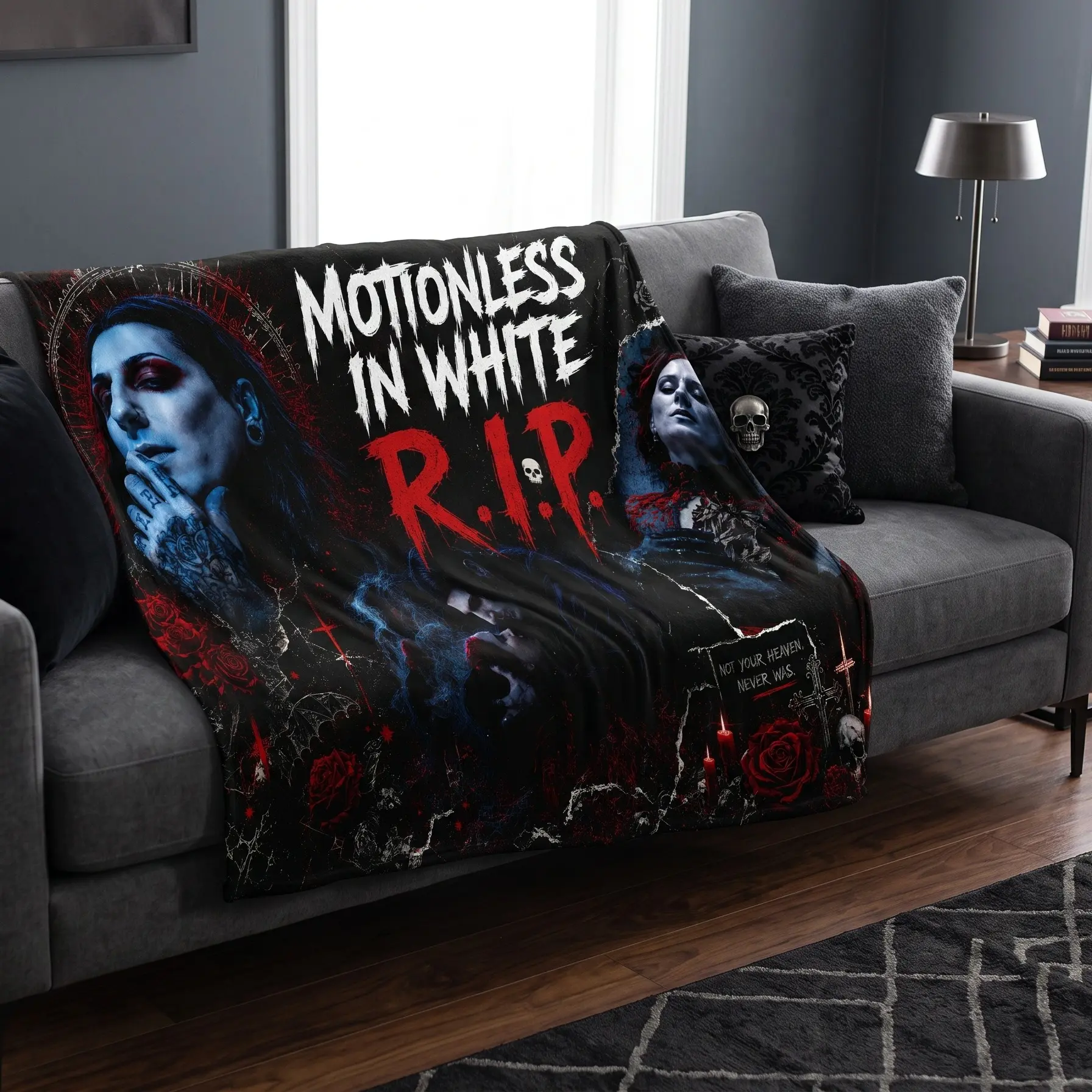 Gothic Motionless In White Fleece Flannel Throw Blanket Soft Fluffy Plush Bedspread for Sofa Couch - Dark Alternative Rock Band R.I.P. Decor - Warm Cozy Spooky Gift for Music Lovers Boyfriend Girlfriend - Sizes 30x40 40x50 50x60 60x80 Inches