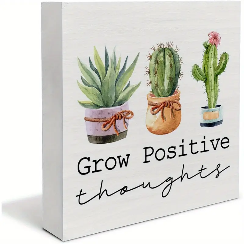 Inspirational Spiritual Grow Positive Thoughts Green Cactus Succulents Pattern PVC Decor Sign Decorative Gift To Lover Plaque Home Living Room Table Party Decorations Supplies Art Craft Ornament Home Office Decoration Decoration Items