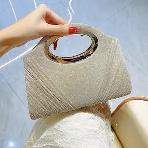 Elegant Pleated Evening Bag with Gold Chain, Sparkling Square Clutch for Wedding Banquet, Magnetic Closure Large Capacity Prom Party Purse