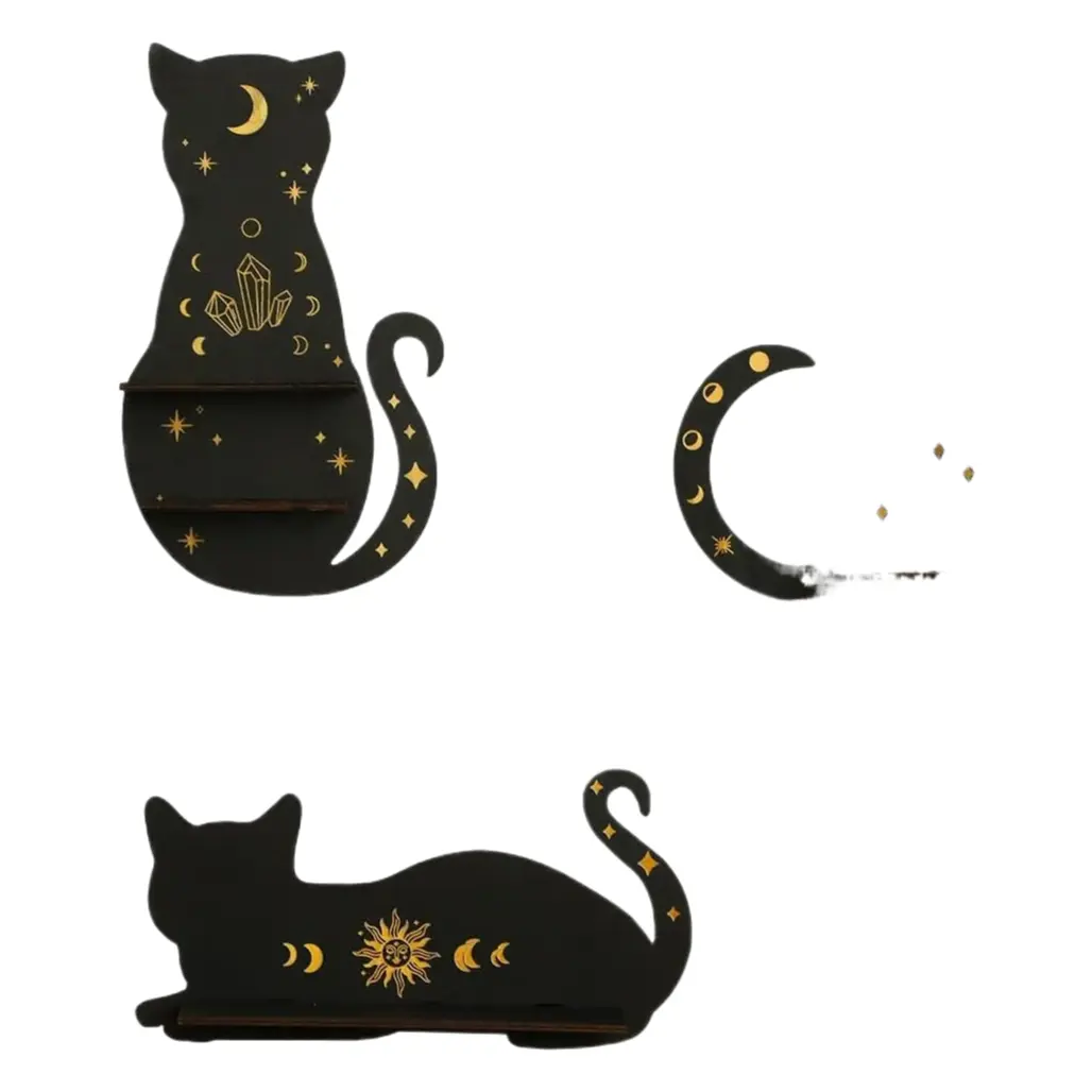 Artilady Crystal Shelf Display 3 PCS Black Cute Cat Floating Shelves for Halloween Wall Bedroom Decor Display Shelf for Crystals and Stones Witchy